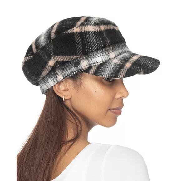 NWT Jenni Black Cream Check Plaid Flannel Newsboy Conductors Cap Women's OS - Picture 1 of 10